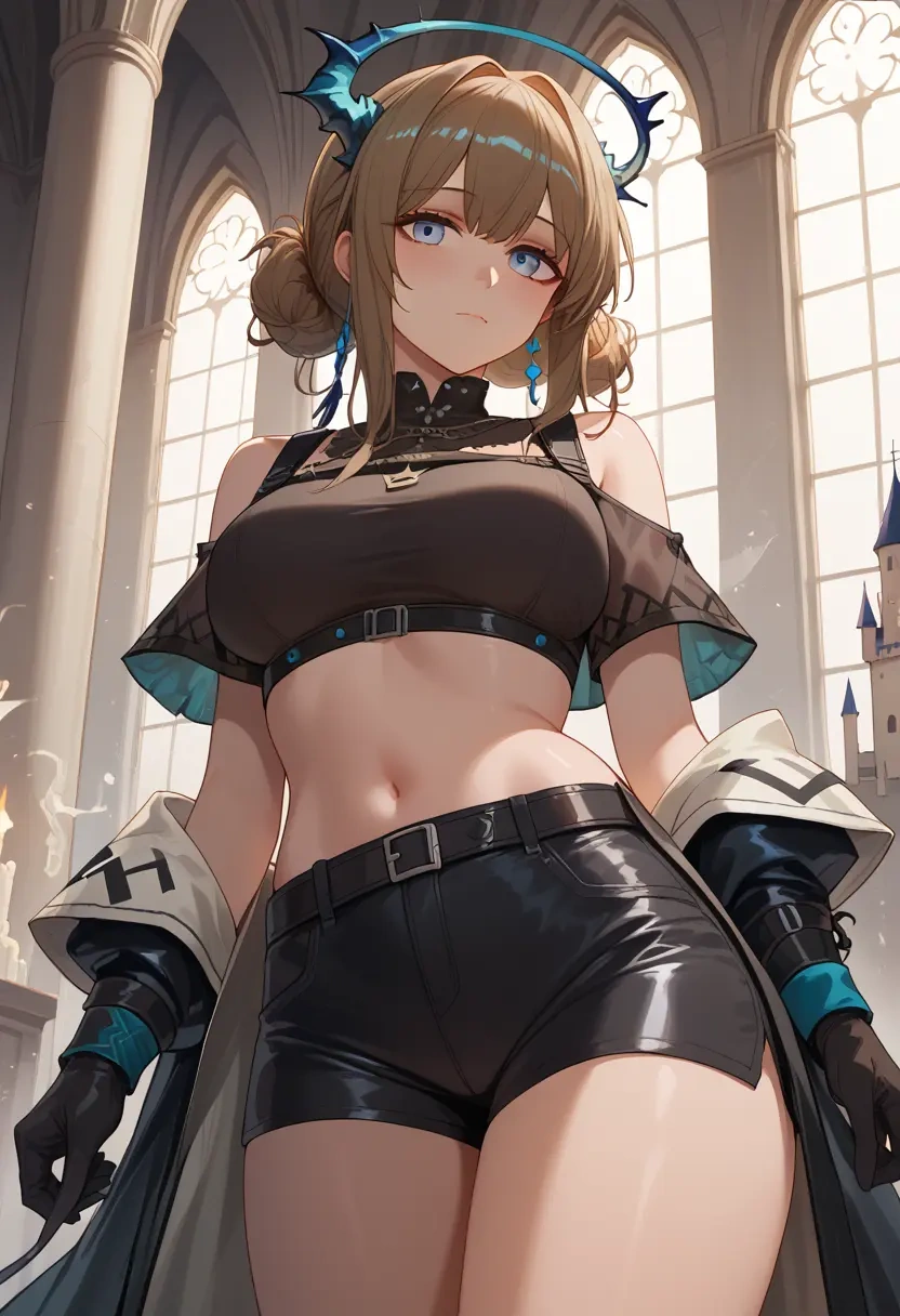 arknights,amiya_(arknights),leather,shorts,crop top  - 