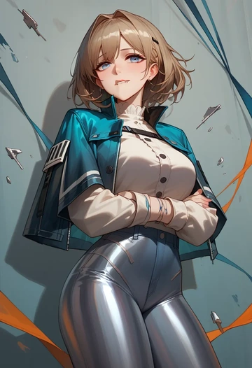 arknights,amiya_(arknights),denim jacket,cropped,leather leggings  - AI generated anime art