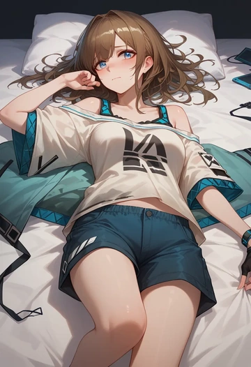 arknights,amiya_(arknights),graphic tee,shorts,sneakers  - AI generated anime art