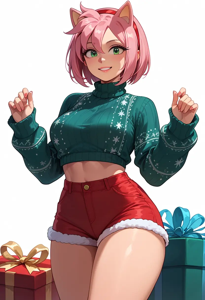 sonic_(series),amy_rose,Christmas,red velvet shorts,turtleneck sweater  - 