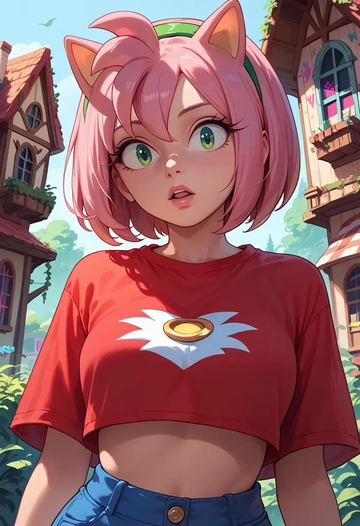 sonic_(series),amy_rose,cropped graffiti sweatshirt,dolphin shorts  - AI generated anime art