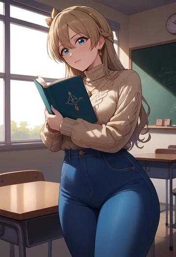 idolmaster,anastasia_(idolmaster),teacher, sweater, jeans shorts  - AI generated anime art