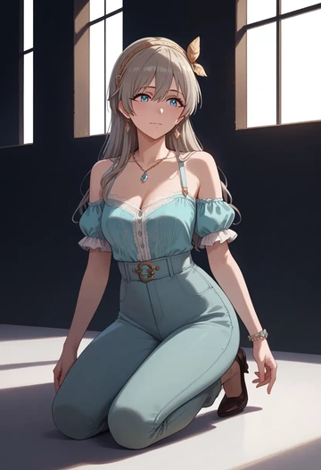 idolmaster,anastasia_(idolmaster),pants,wide-leg,strappy top  - AI generated anime art