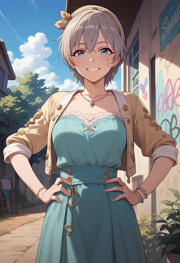 idolmaster,anastasia_(idolmaster),patchwork graffiti top,dolphin shorts  - AI generated anime art