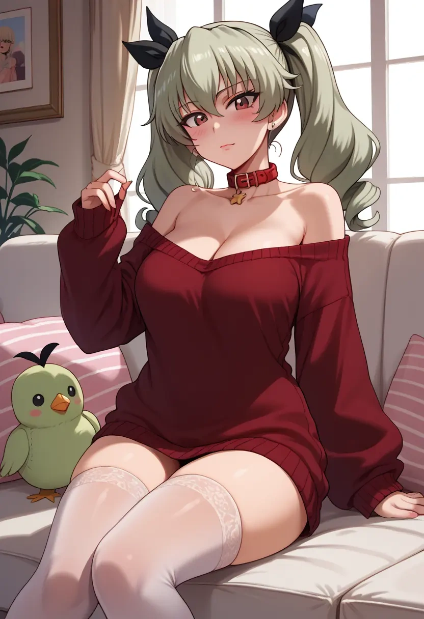 girls_und_panzer,anchovy_(girls_und_panzer),blushing,collar,off-shoulder,sweater,stockings  - 