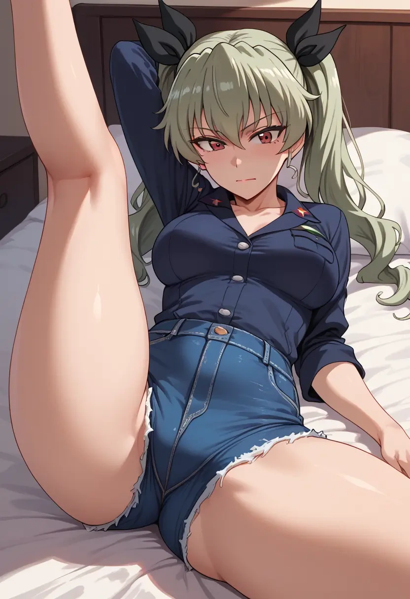 girls_und_panzer,anchovy_(girls_und_panzer),jeans shorts,spread legs,one leg up,sexy  - 