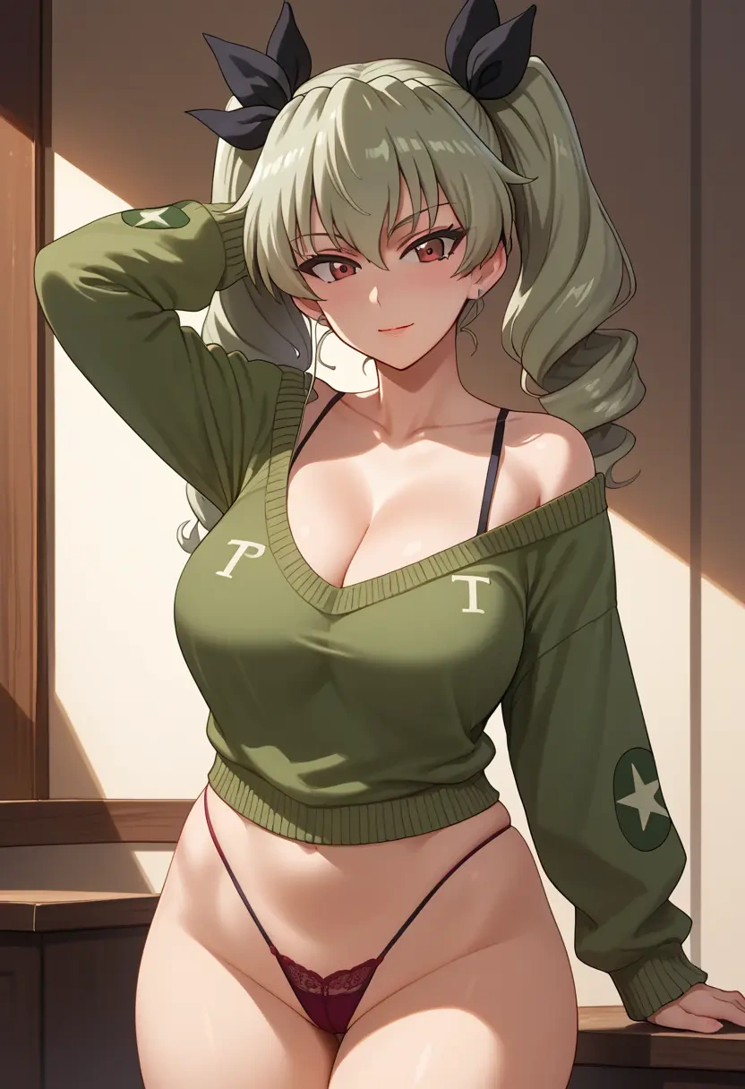 girls_und_panzer,anchovy_(girls_und_panzer),thong,sweater,sexy  - 