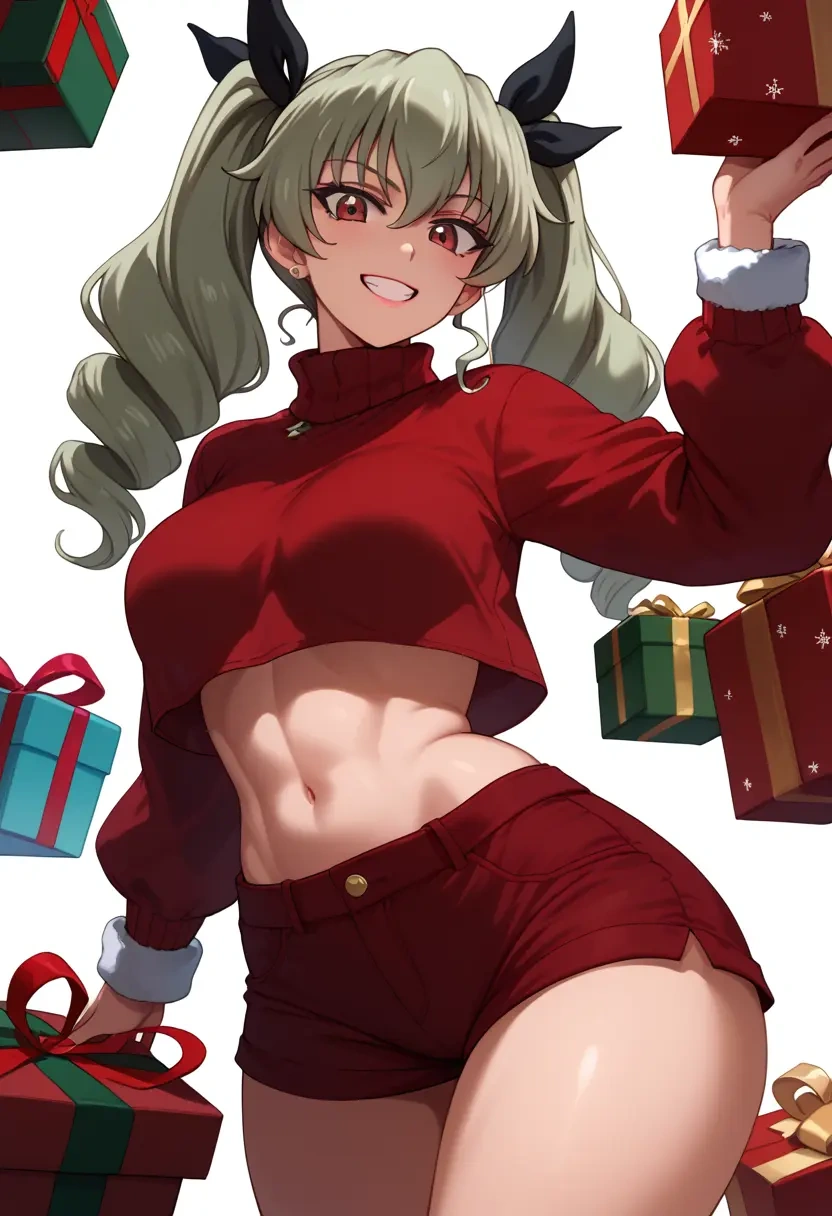 girls_und_panzer,anchovy_(girls_und_panzer),Christmas,red velvet shorts,turtleneck sweater  - 