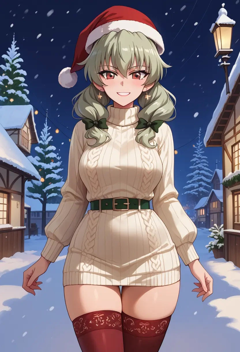 girls_und_panzer,anchovy_(girls_und_panzer),Christmas,sweater dress,stockings  - 