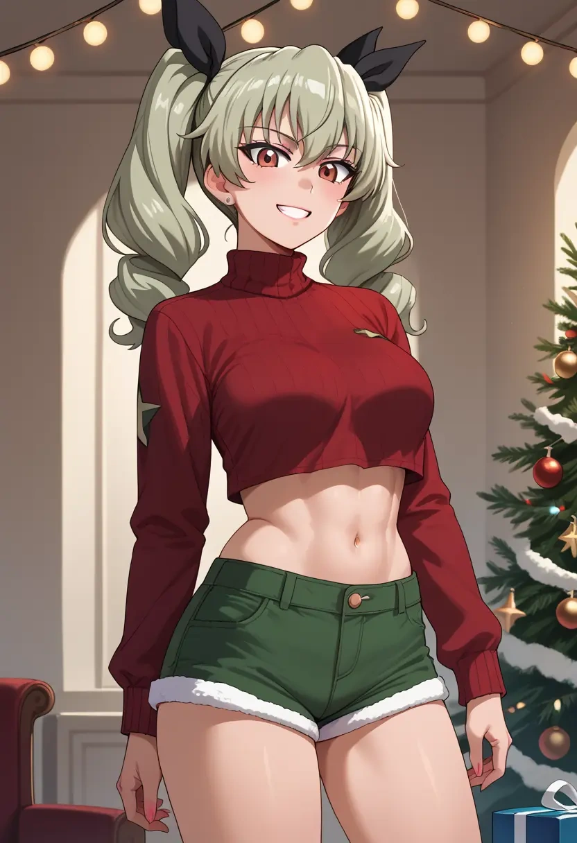 girls_und_panzer,anchovy_(girls_und_panzer),Christmas,red velvet shorts  - 