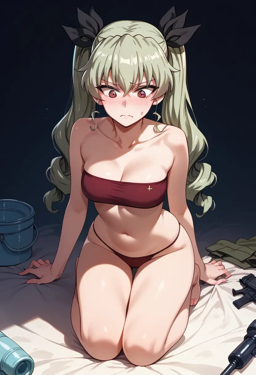 girls_und_panzer,anchovy_(girls_und_panzer),tube top,jogger shorts  - 