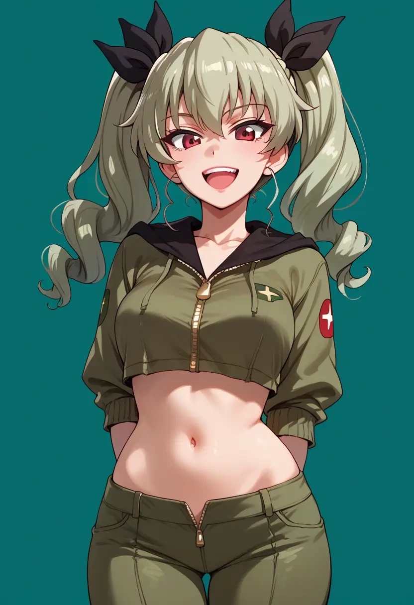 girls_und_panzer,anchovy_(girls_und_panzer),crop hoodie,shorts  - 