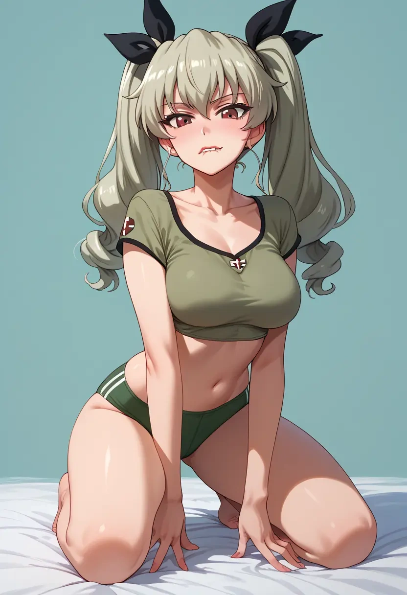 girls_und_panzer,anchovy_(girls_und_panzer),crop top,loose joggers,headset  - 