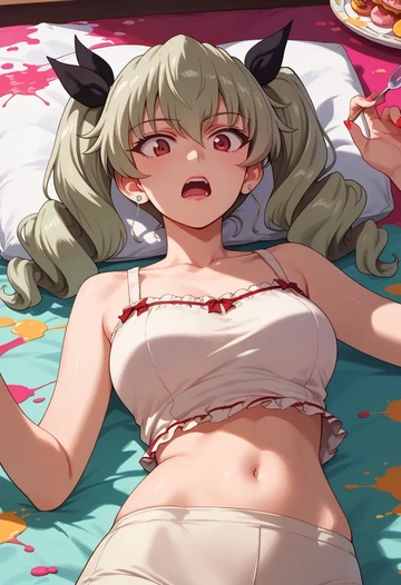 girls_und_panzer,anchovy_(girls_und_panzer),paint-splatter blouse,dolphin shorts  - AI generated anime art