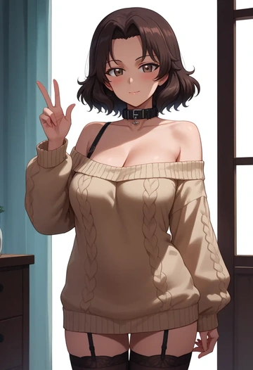 girls_und_panzer,andou_(girls_und_panzer),blushing,collar,off-shoulder,sweater,stockings  - AI generated anime art