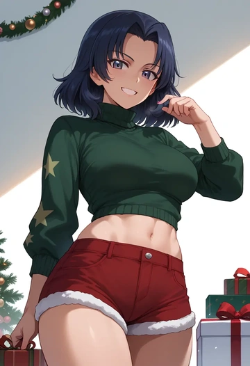 girls_und_panzer,andou_(girls_und_panzer),Christmas,red velvet shorts,turtleneck sweater  - AI generated anime art