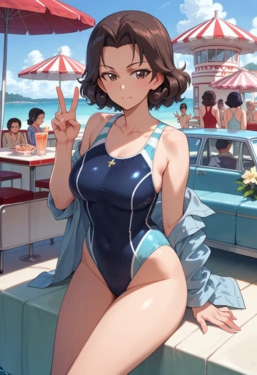 girls_und_panzer,andou_(girls_und_panzer),racerback swimsuit,striped trim,name tag patch  - AI generated anime art