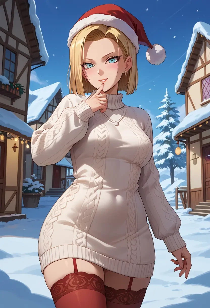 dragon_ball,android_18,Christmas,sweater dress,stockings  - 