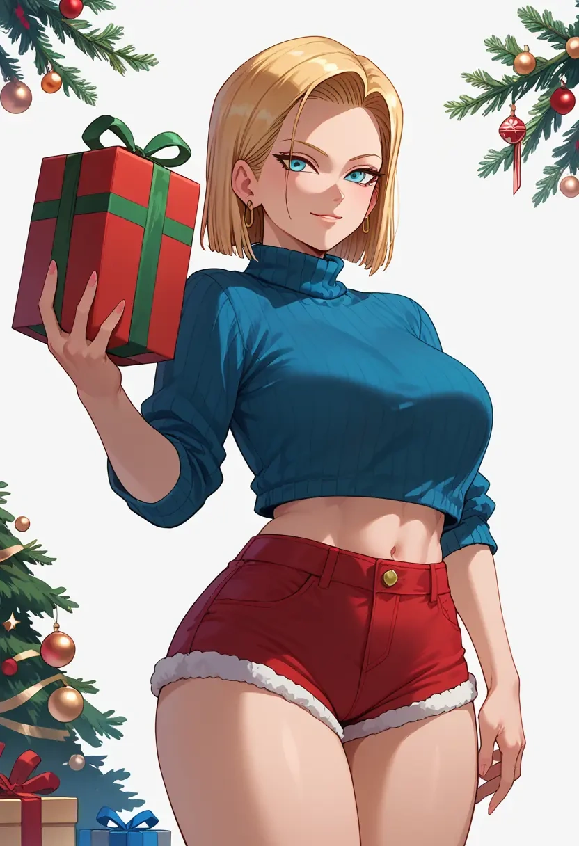 dragon_ball,android_18,Christmas,red velvet shorts,turtleneck sweater  - 