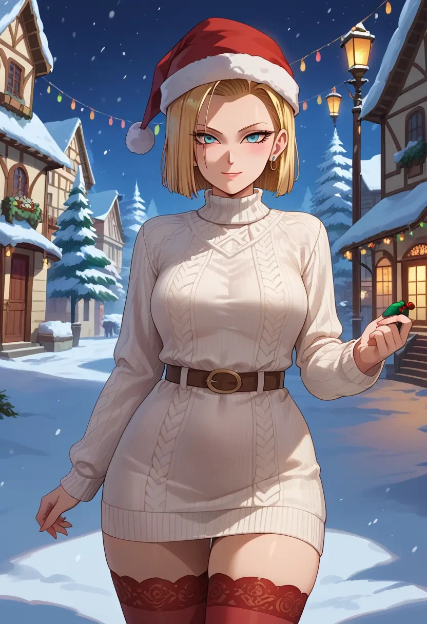 dragon_ball,android_18,Christmas,sweater dress,stockings  - 