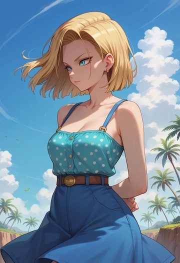 dragon_ball,android_18,silk slip dress,polka dots  - AI generated anime art