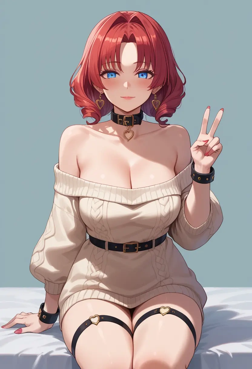 nijisanji,ange_katrina,blushing,collar,peace sign,off-shoulder,sweater  - 