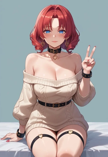 nijisanji,ange_katrina,blushing,collar,peace sign,off-shoulder,sweater  - AI generated anime art