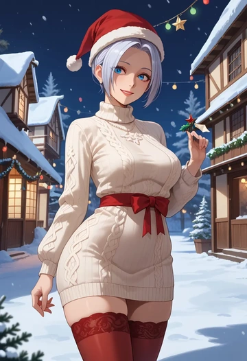 the_king_of_fighters,angel_(kof),Christmas,sweater dress,stockings  - AI generated anime art