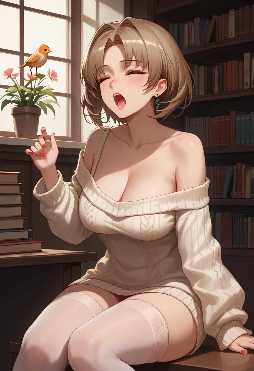 arknights,angelina_(arknights),Yawning,off-shoulder,sweater,stockings  - 