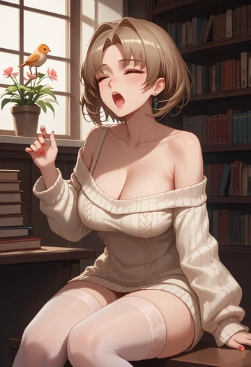 arknights,angelina_(arknights),Yawning,off-shoulder,sweater,stockings  - AI generated anime art