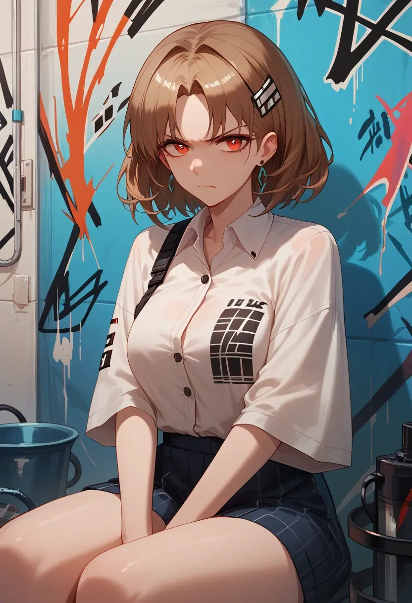 arknights,angelina_(arknights),oversized graffiti shirt,dolphin shorts  - 