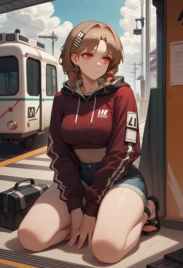 arknights,angelina_(arknights),crop hoodie,shorts  - AI generated anime art