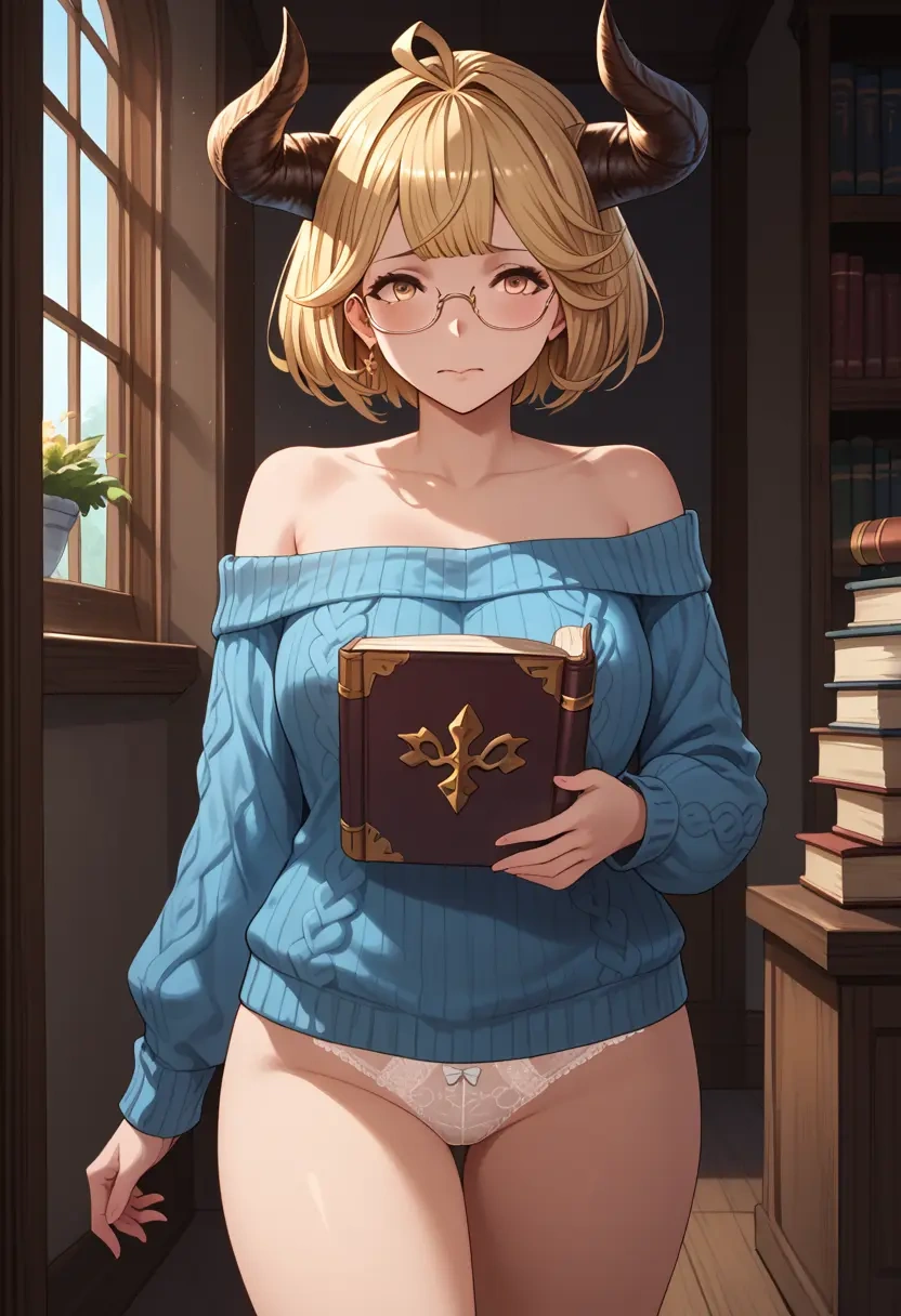 granblue_fantasy,anila_(granblue_fantasy),sweater,panties,off-shoulder,glasses,sexy  - 