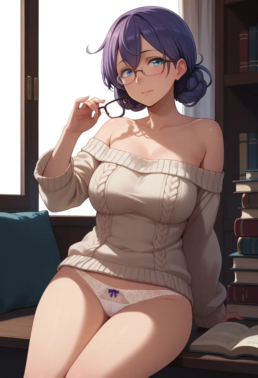 kantai_collection,aoba_(kancolle),off-shoulder,panties,glasses,sweater  - 