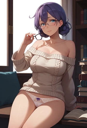 kantai_collection,aoba_(kancolle),off-shoulder,panties,glasses,sweater  - AI generated anime art