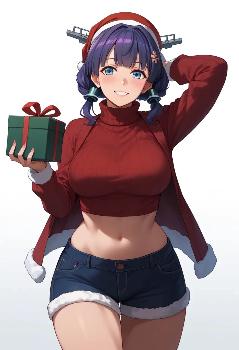 kantai_collection,aoba_(kancolle),Christmas,red velvet shorts,turtleneck sweater  - 