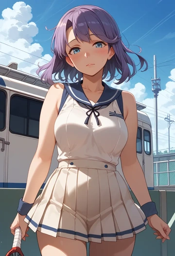 kantai_collection,aoba_(kancolle),tennis dress,visor,trainers  - AI generated anime art