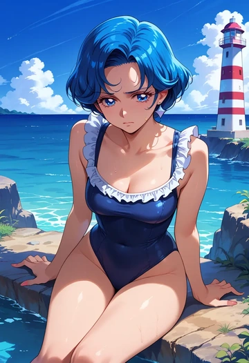 precure,aoki_reika,retro style swimsuit,frilled neckline,bow detail  - AI generated anime art