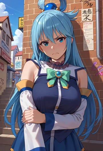 kono_subarashii_sekai_ni_shukufuku_wo!,aqua_(konosuba),striped graffiti blouse,dolphin shorts  - AI generated anime art