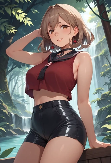 kantai_collection,arashi_(kancolle),leather,shorts,crop top  - AI generated anime art