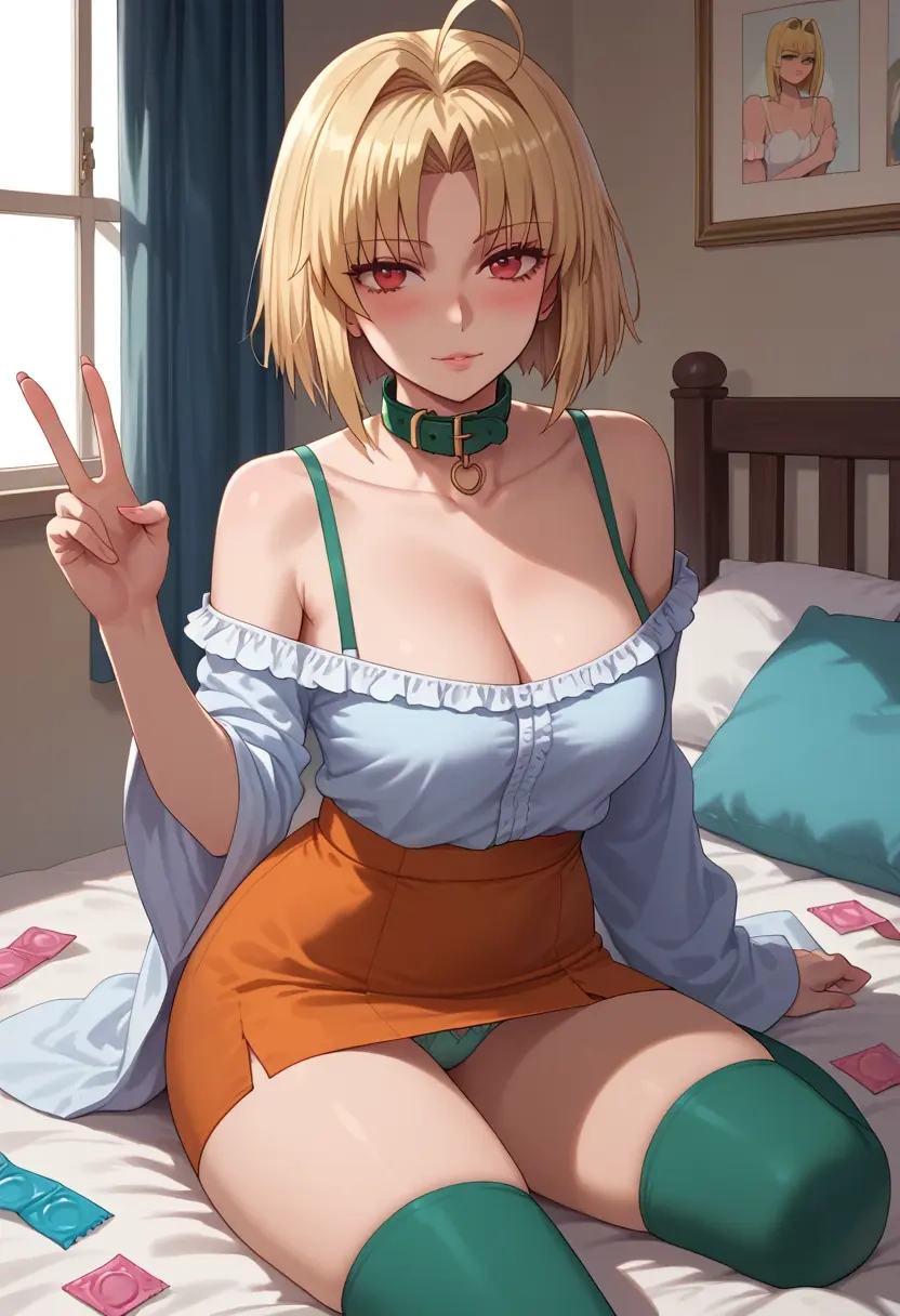 tsukihime,arcueid_brunestud,blushing,collar, peace sign, condom,mini skirt,Thigh garters  - 