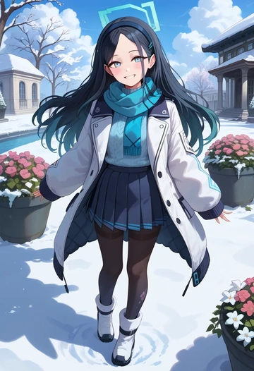 blue_archive,aris_(blue_archive),winter,student uniform,puffer jacket  - AI generated anime art