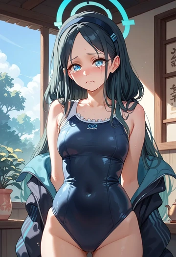 blue_archive,aris_(blue_archive),retro style swimsuit,frilled neckline,bow detail  - AI generated anime art