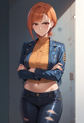 idolmaster,arisugawa_natsuha,denim jacket,cropped,leather leggings  - AI generated anime art