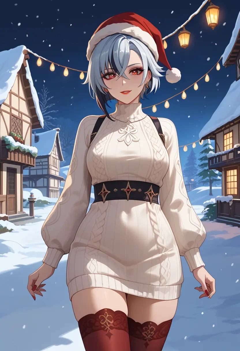 genshin_impact,arlecchino_(genshin_impact),Christmas,sweater dress,stockings  - 