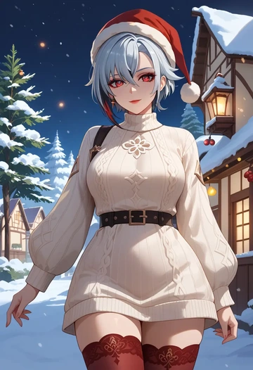 genshin_impact,arlecchino_(genshin_impact),Christmas,sweater dress,stockings  - AI generated anime art