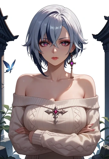 genshin_impact,arlecchino_(genshin_impact),sweater,off-shoulder,collar  - AI generated anime art