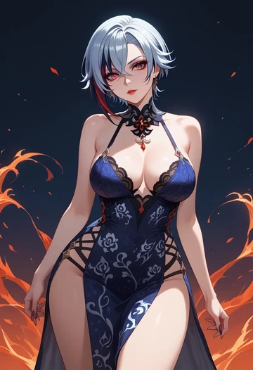 genshin_impact,arlecchino_(genshin_impact),leopard print,silk slip dress  - AI generated anime art