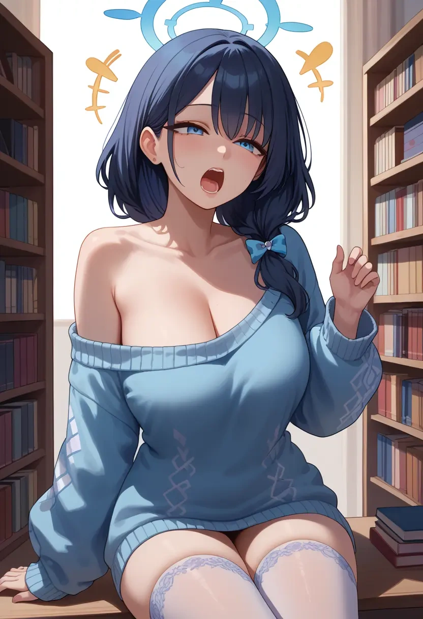 blue_archive,arona's_sensei_doodle_(blue_archive),Yawning,off-shoulder,sweater,stockings  - 