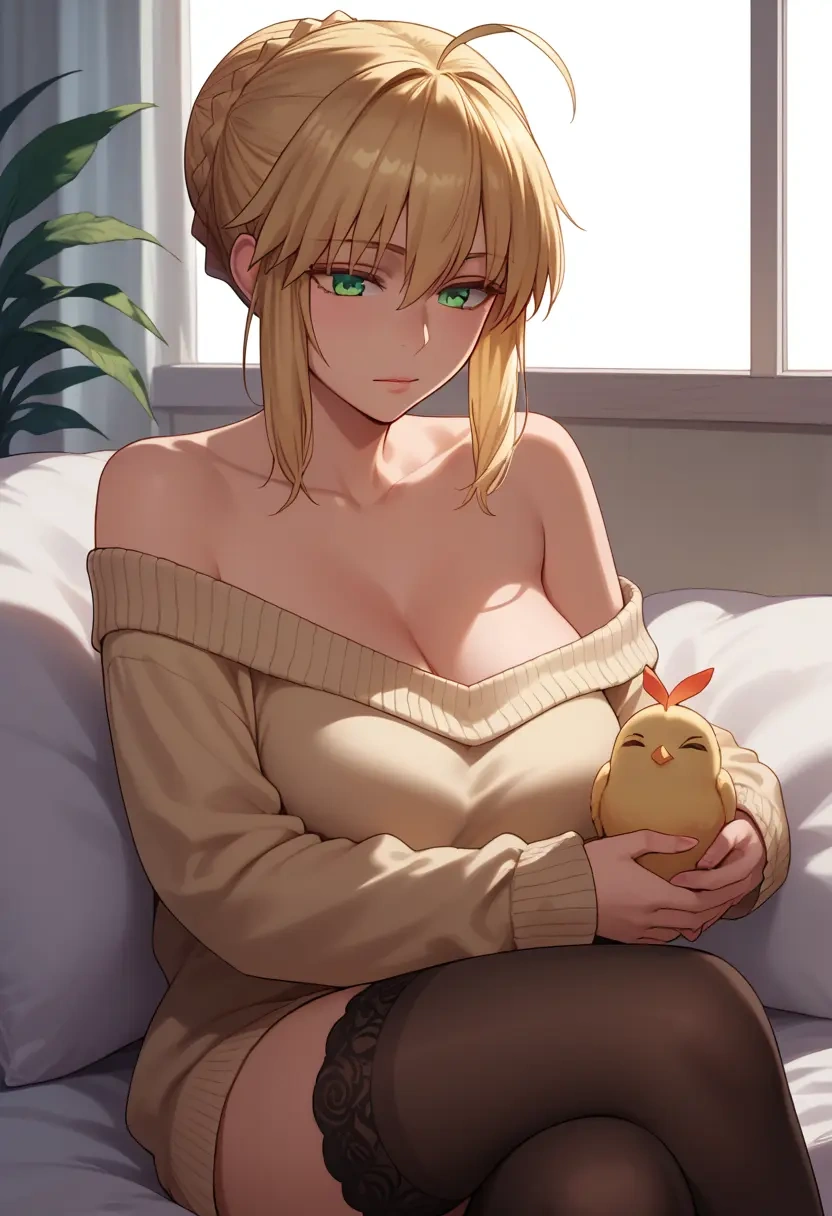 fate_(series),artoria_caster_(fate),cross-legged,Head resting on hand,off-shoulder,sweater  - 